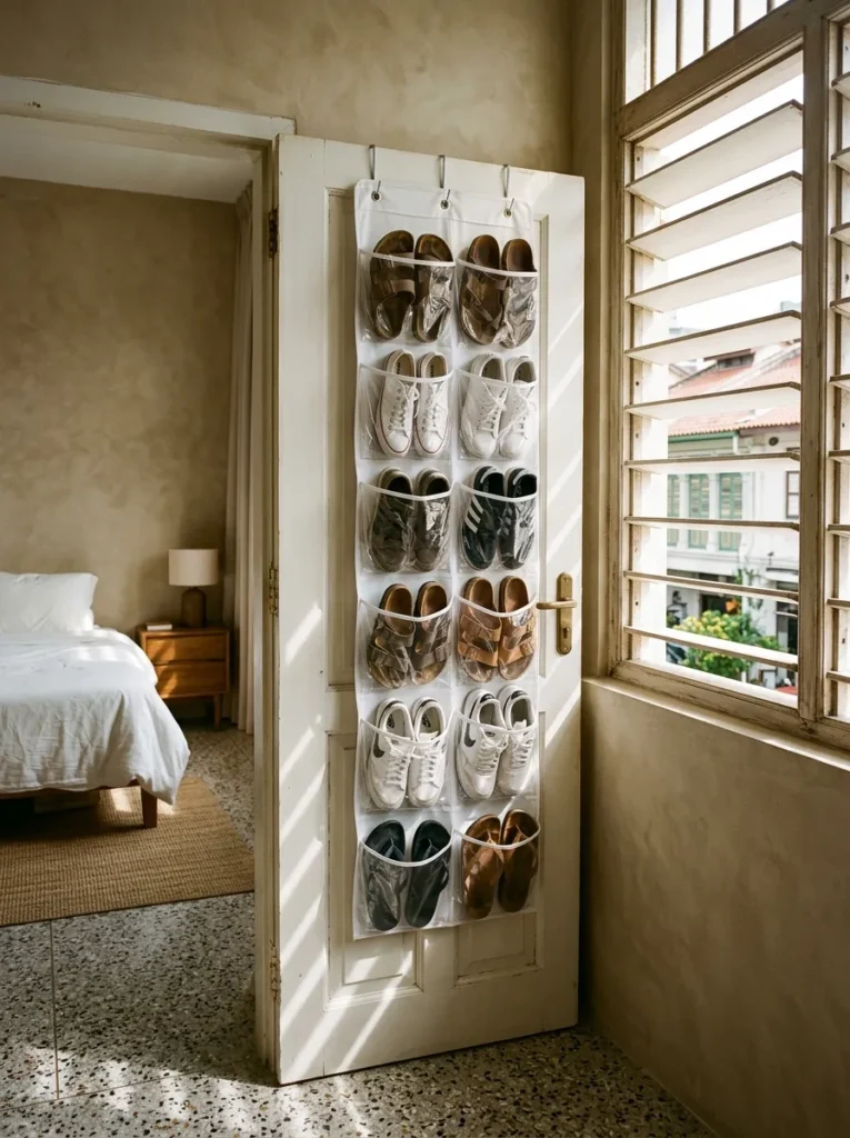Small bedroom with an over-the-door shoe organizer keeping footwear neatly stored without using floor space
