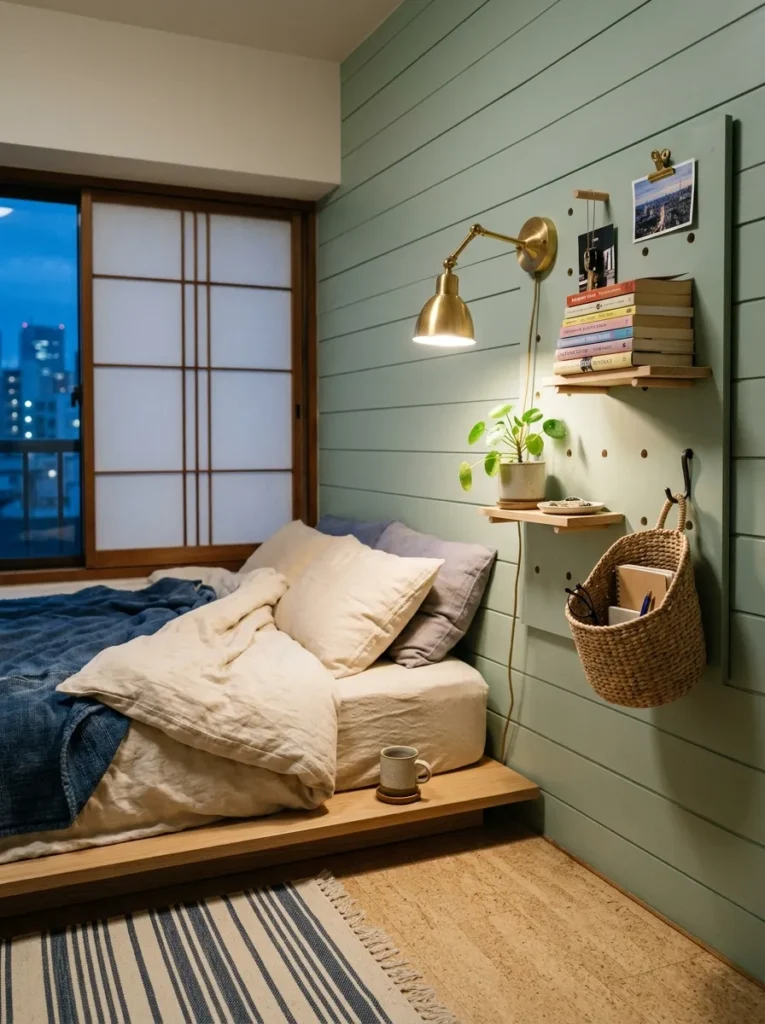 Small bedroom featuring a wall-mounted pegboard bedside organizer with shelves, hooks, and storage baskets
