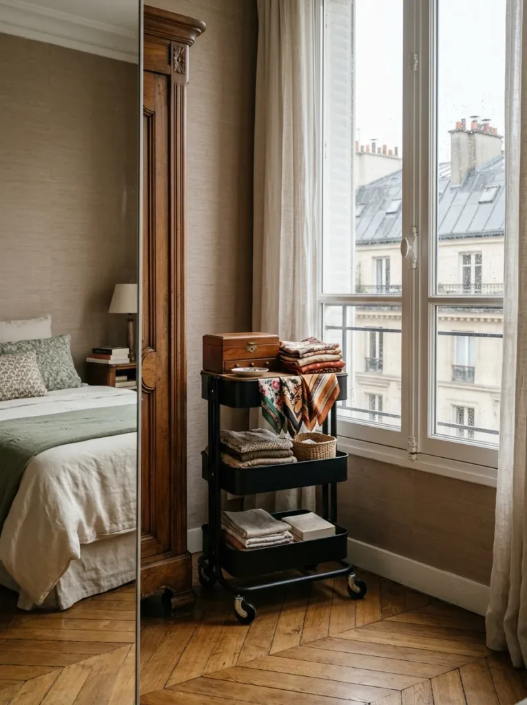 Small bedroom using a slim rolling storage cart to organize skincare, accessories, and everyday essentials
