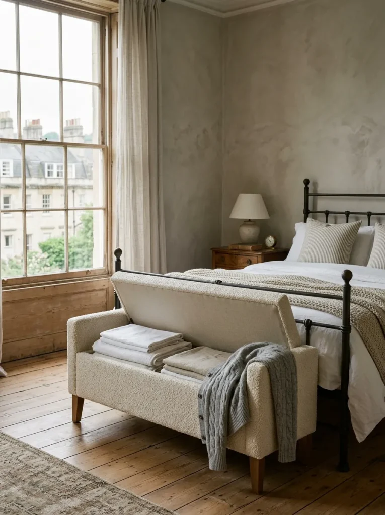 Small bedroom with an upholstered storage bench at the foot of the bed providing hidden storage and seating

