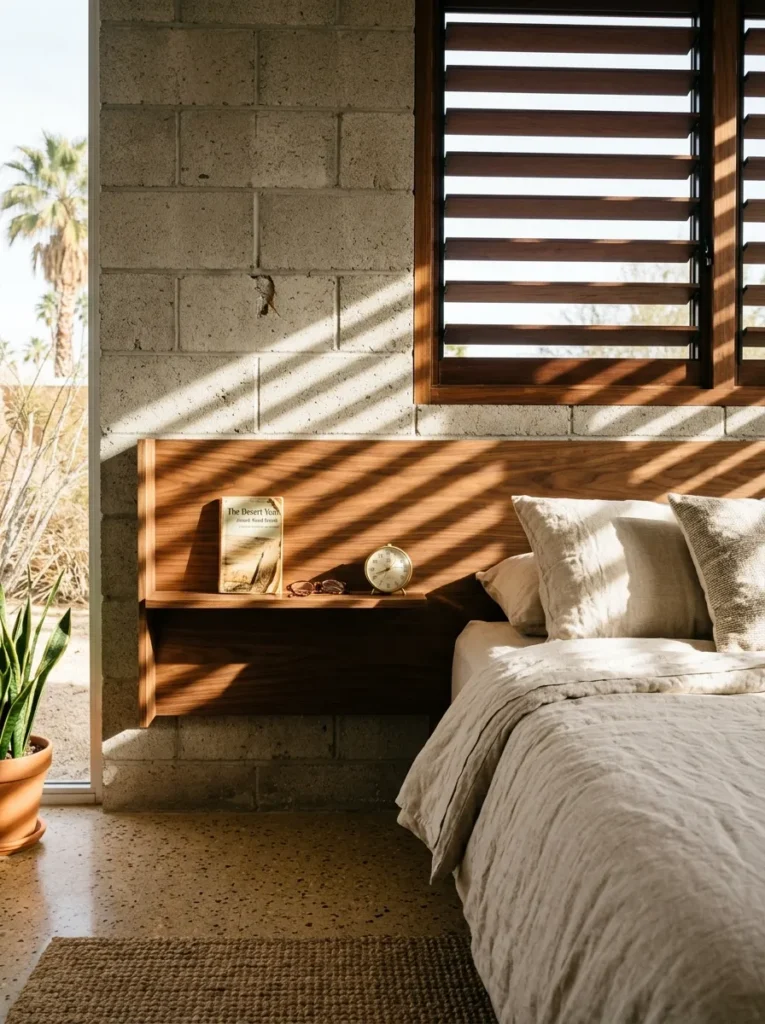 Small bedroom with a built-in storage headboard featuring shelves for books, lighting, and everyday essentials