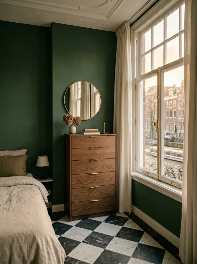 Small bedroom featuring a tall narrow dresser that increases storage while saving valuable floor space

