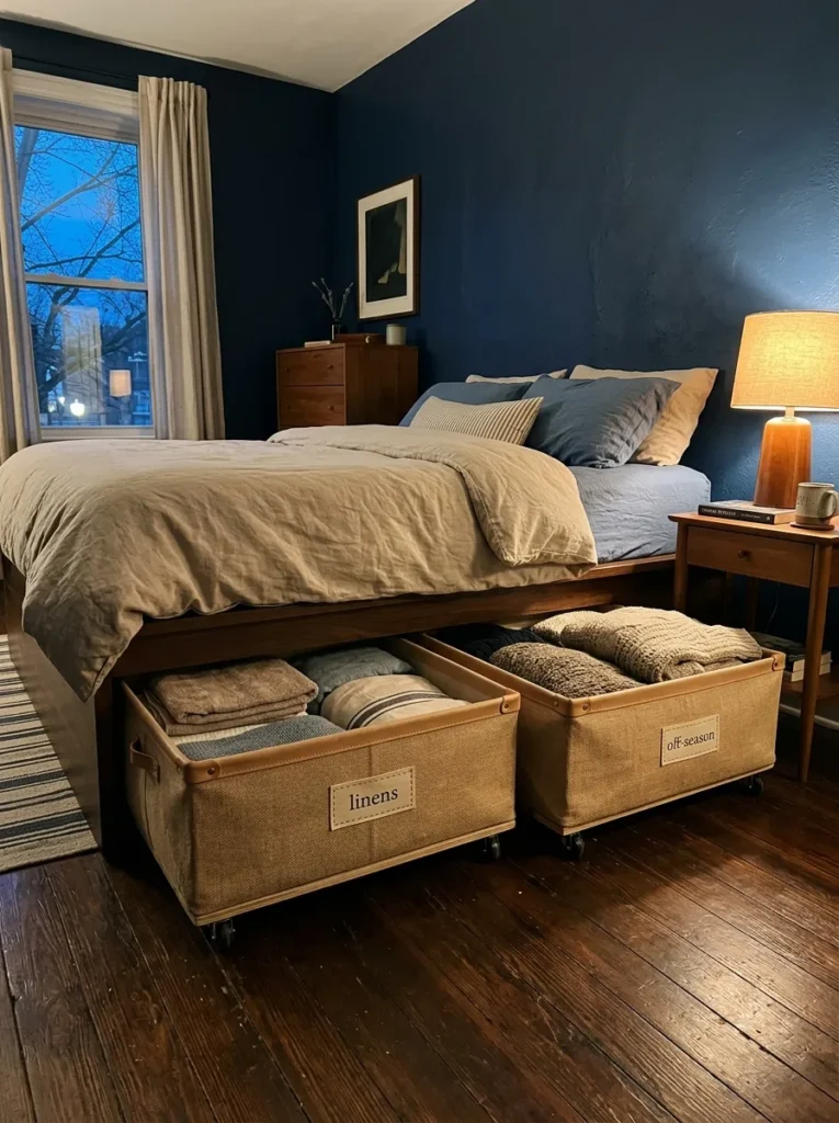 Small bedroom using labeled under-bed storage bins to organize shoes, linens, and seasonal clothing