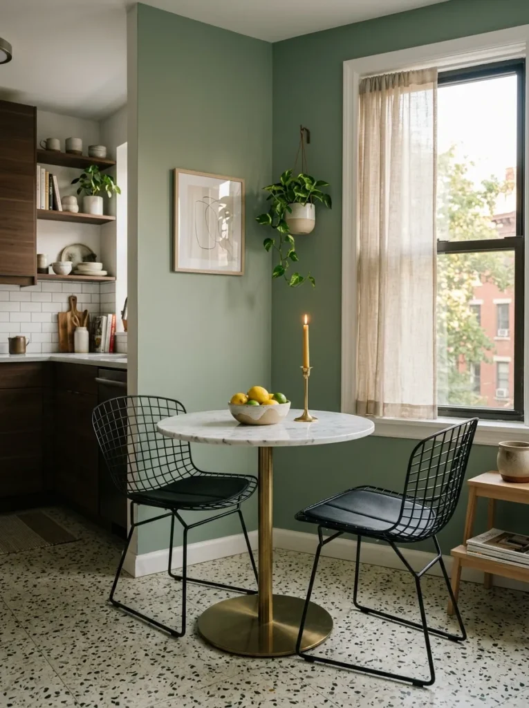 Compact 36-inch round bistro table with two black metal chairs in a studio apartment corner