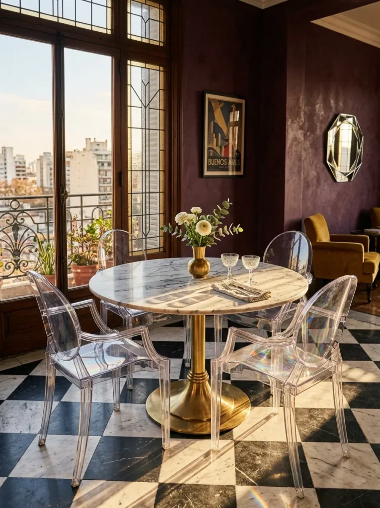 Small dining area featuring transparent acrylic dining chairs for a visually lighter look