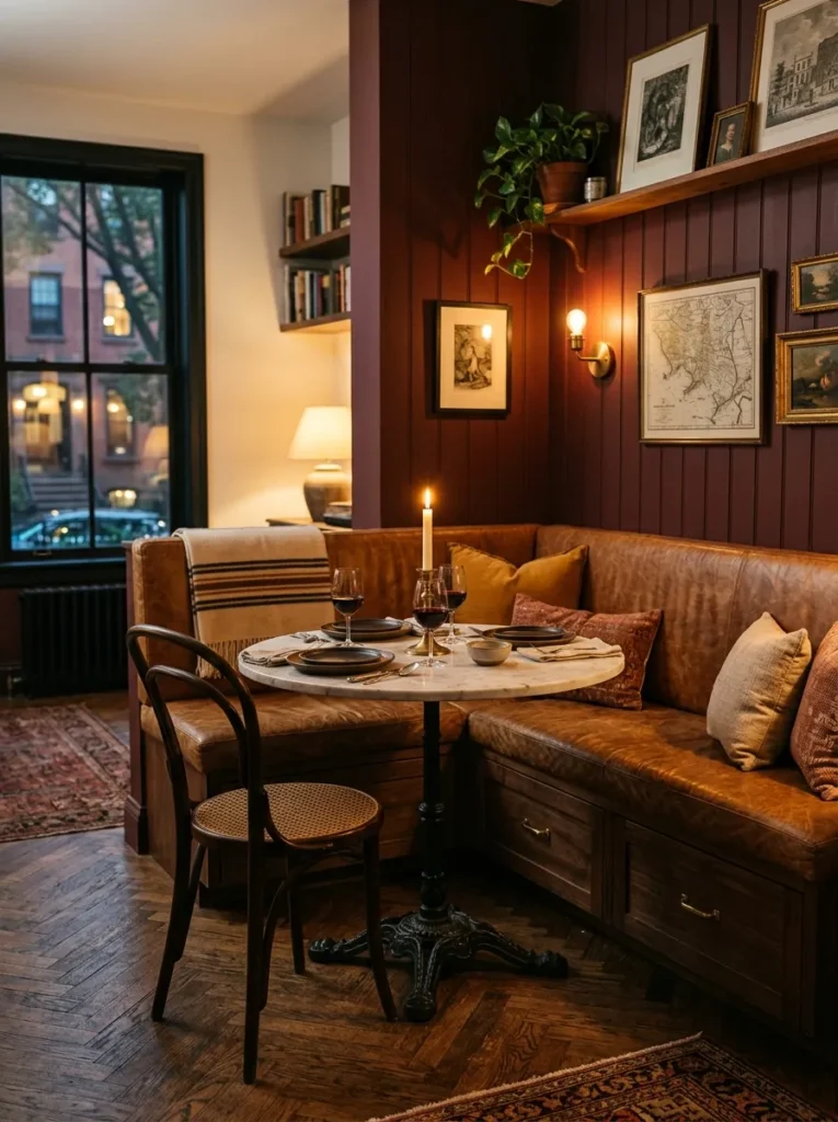Small dining area with custom corner banquette seating and built-in storage