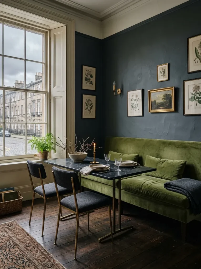 Small dining area with built-in bench seating that saves space and increases functionality