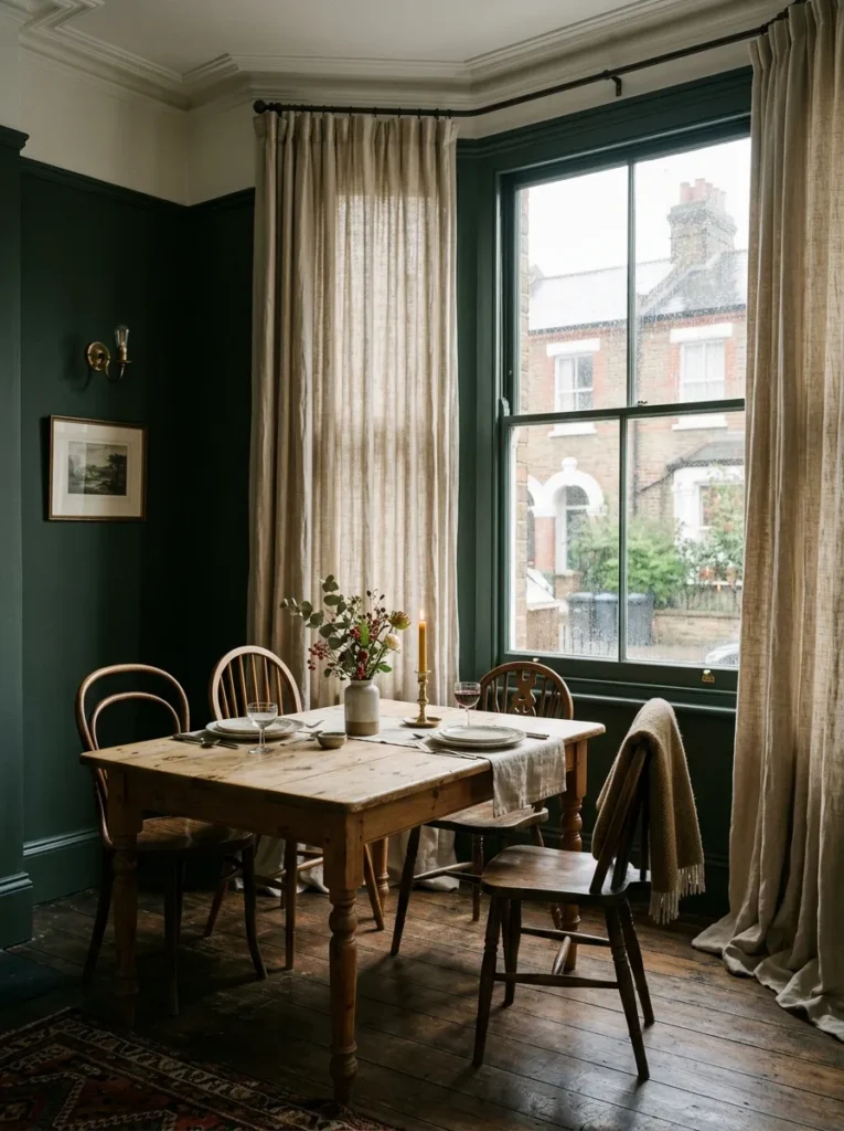 Small dining area with floor-to-ceiling curtains making the room feel taller and brighter