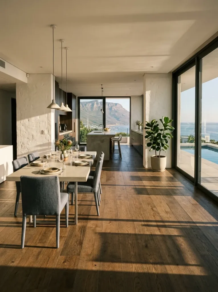 Small dining area connected to adjacent spaces with continuous flooring for visual flow