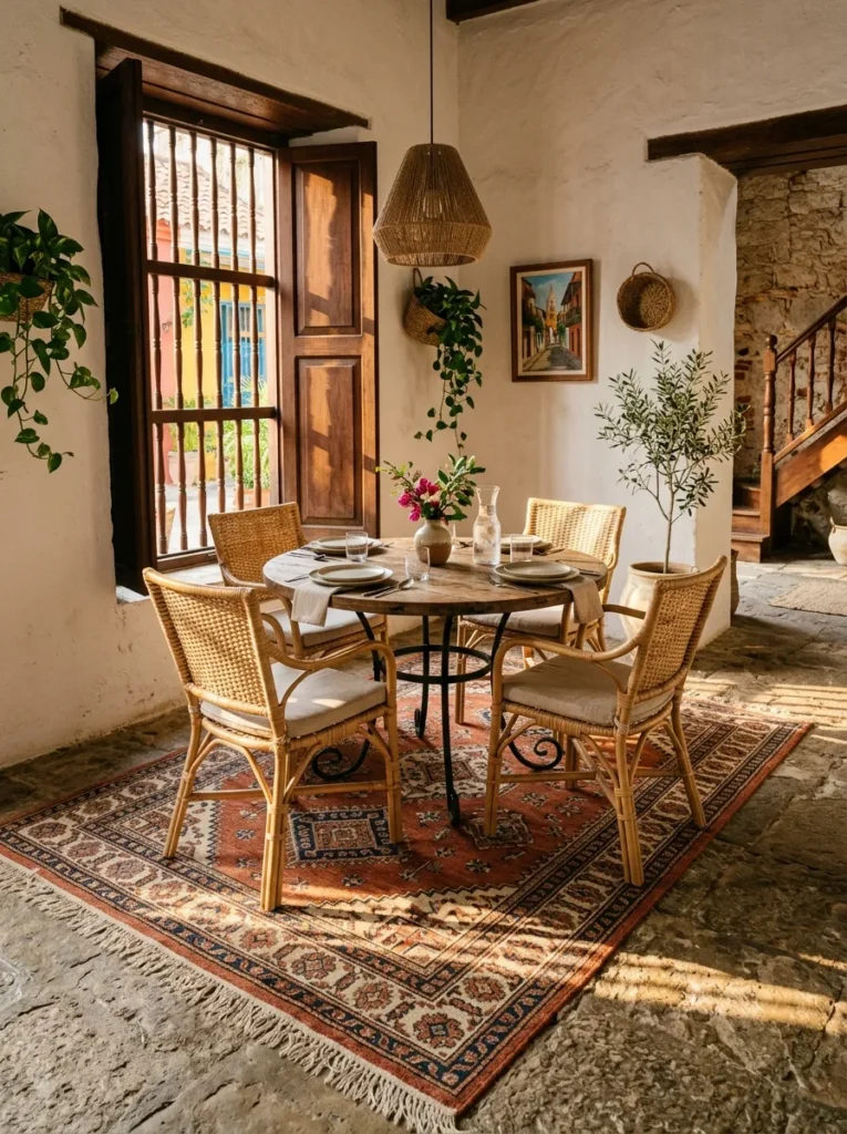 Small dining area with a properly sized rug that anchors the table and seating arrangement