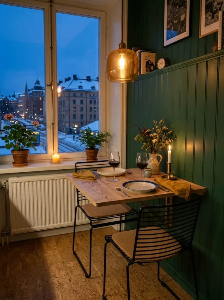 Small dining area featuring a wall-mounted drop leaf table for flexible space-saving dining