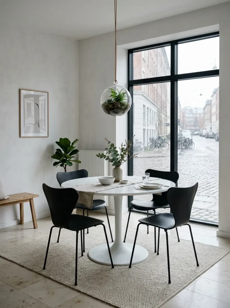 Small dining area with a floating dining table layout that improves flow and usability