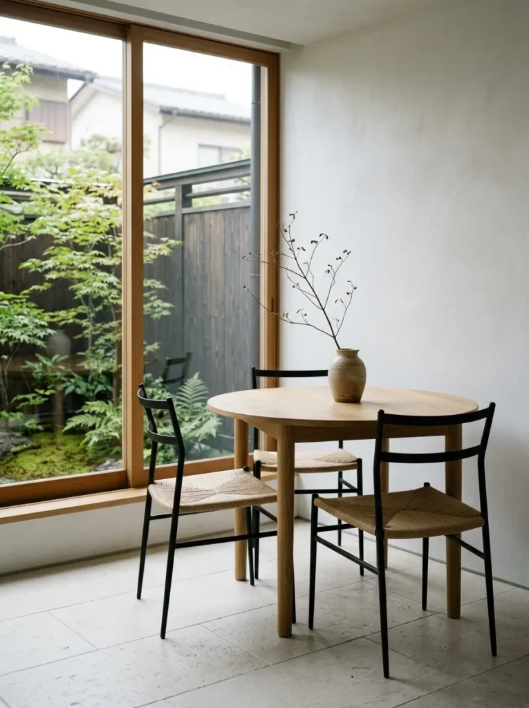 Small dining area featuring a limited material palette for a calm and cohesive appearance