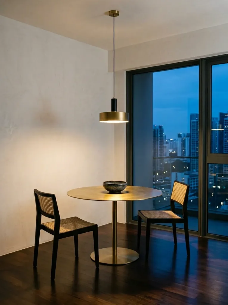 Small dining area with uncluttered surfaces and thoughtful minimalist decor