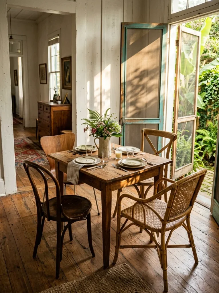 Small dining area with intentionally mixed dining chair styles adding character and personality