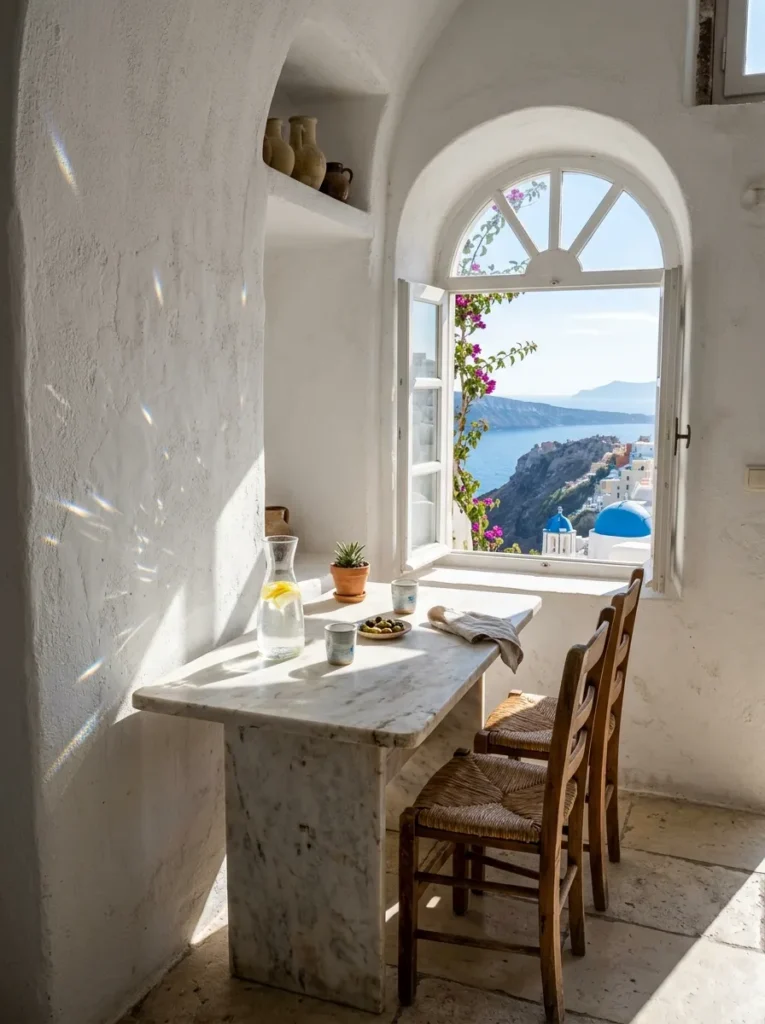Small dining area positioned beside a window to maximize natural daylight and views