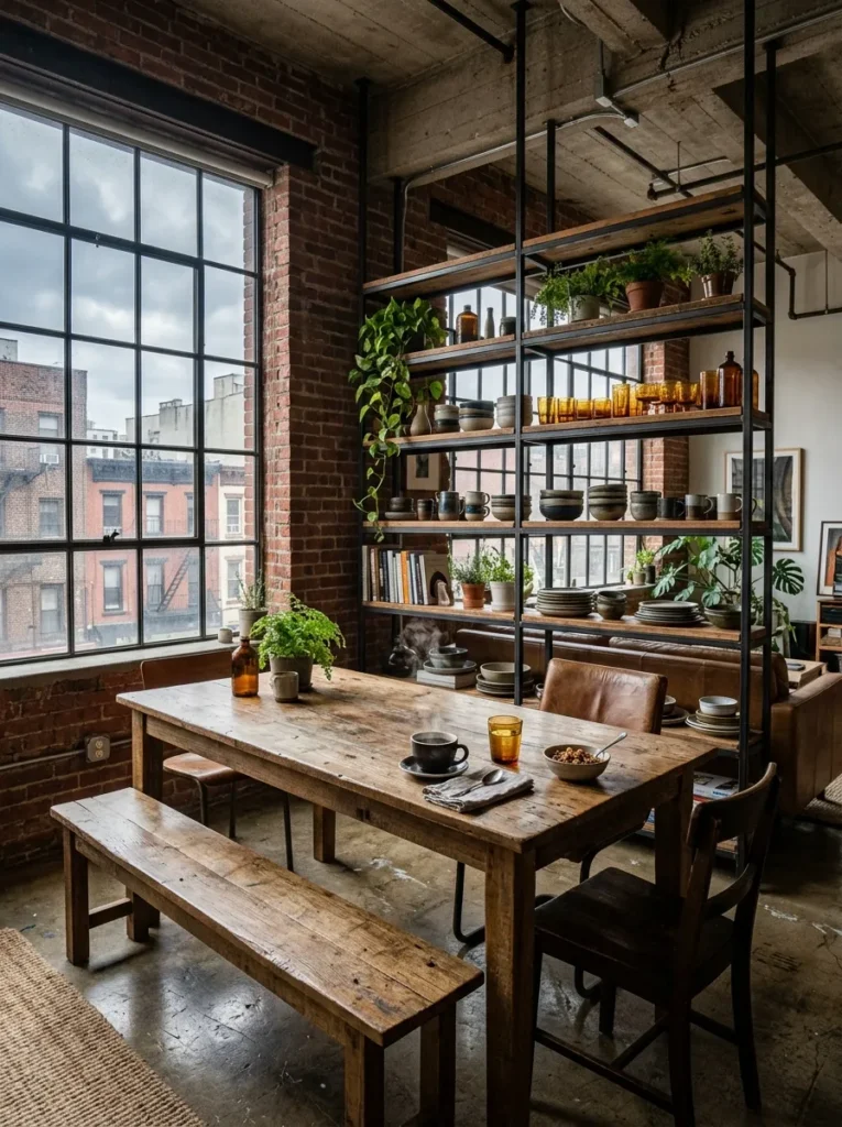 Small dining area with open wall shelving displaying dishes, books, and decorative accessories