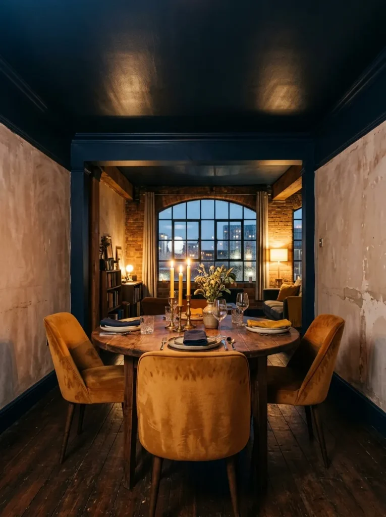 Small dining area with a painted ceiling creating depth and architectural character