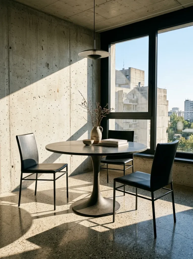 Small dining area featuring a pedestal dining table that maximizes legroom and flexibility