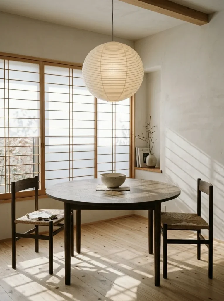 Small dining area with low hanging pendant light creating warmth and intimacy above the table