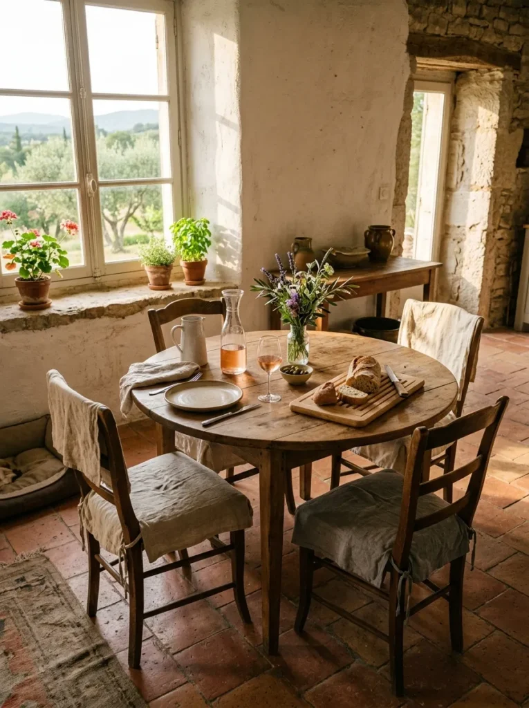 Small dining area featuring a round dining table that maximizes seating and floor space