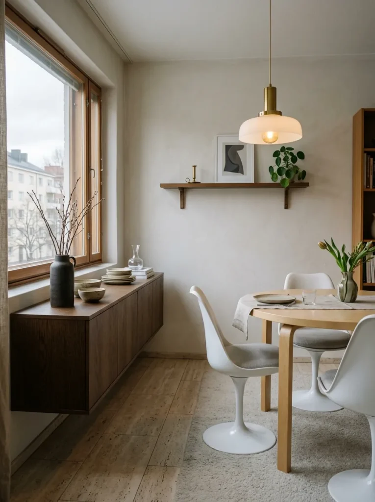 Small dining area featuring a slim sideboard that provides storage without taking up space