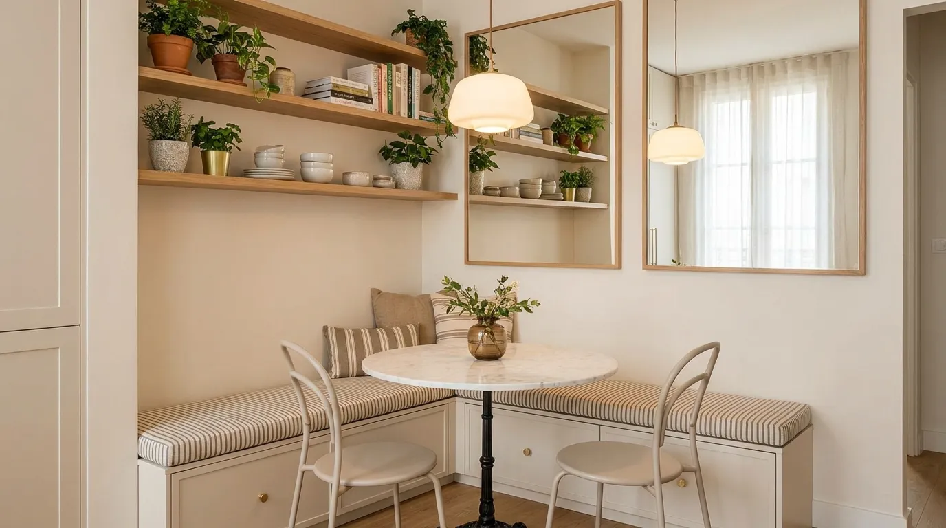 Small dining area ideas featuring round tables, banquette seating, layered lighting, and smart space-saving design