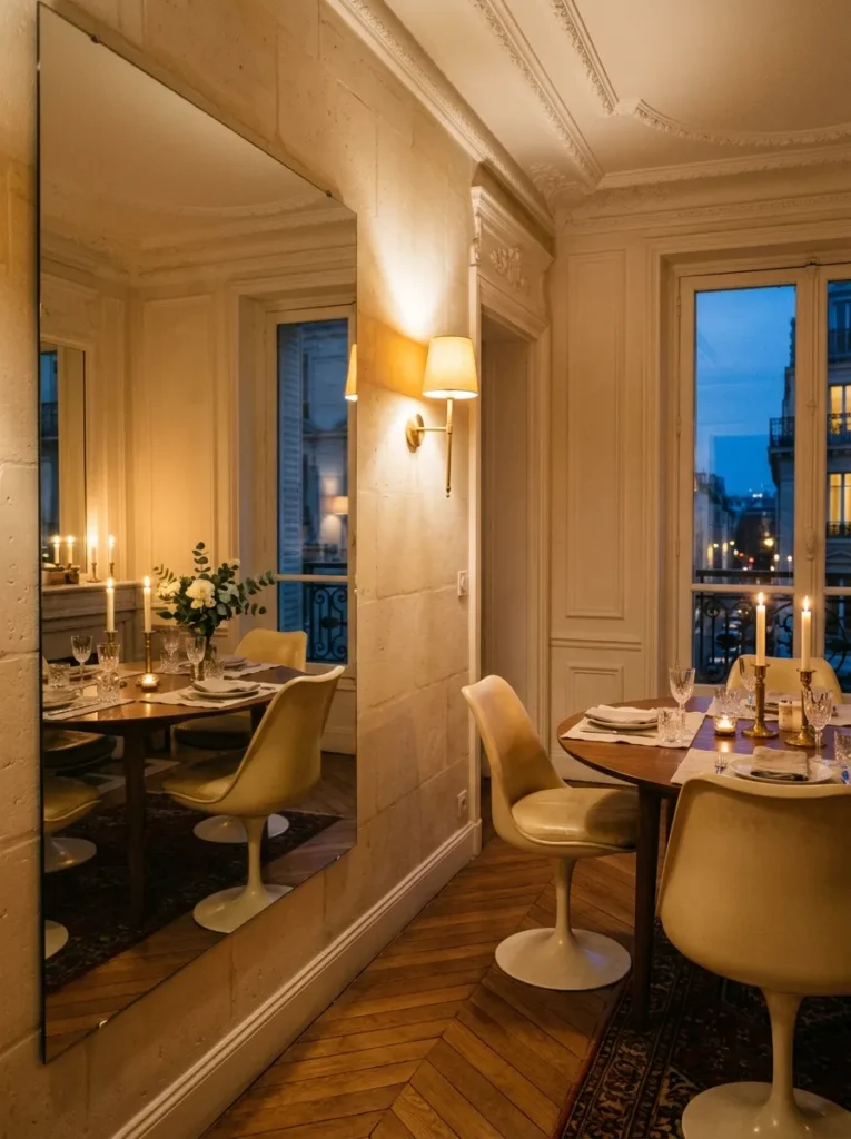 Small dining area featuring a large wall mirror that reflects light and expands visual space