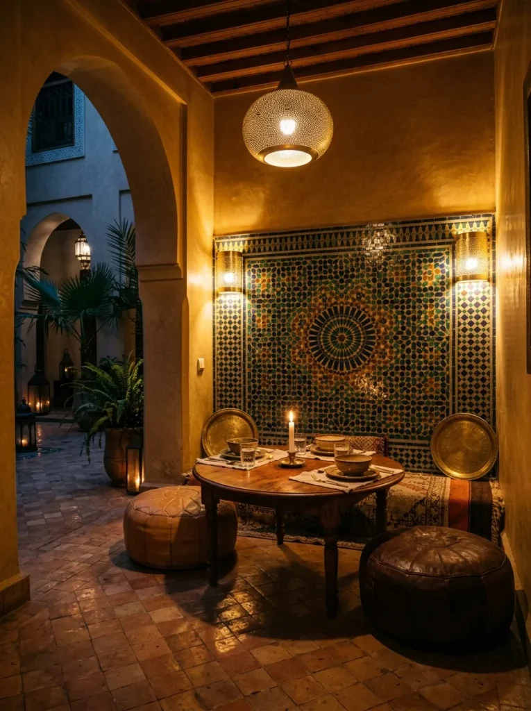 Small dining area with wall sconces and pendant lighting creating layered illumination
