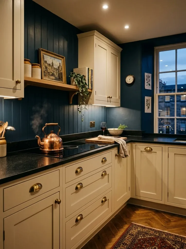 Small kitchen with unlacquered brass cabinet hardware adding warmth and character