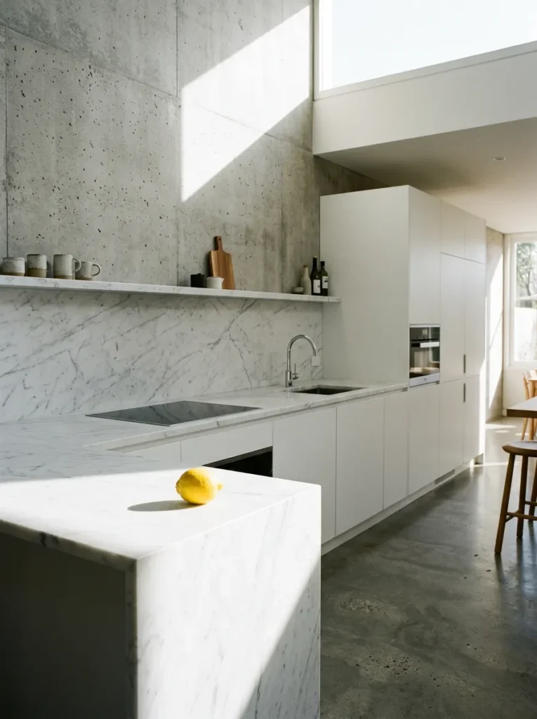 Small kitchen featuring continuous quartz countertops for a seamless and spacious appearance