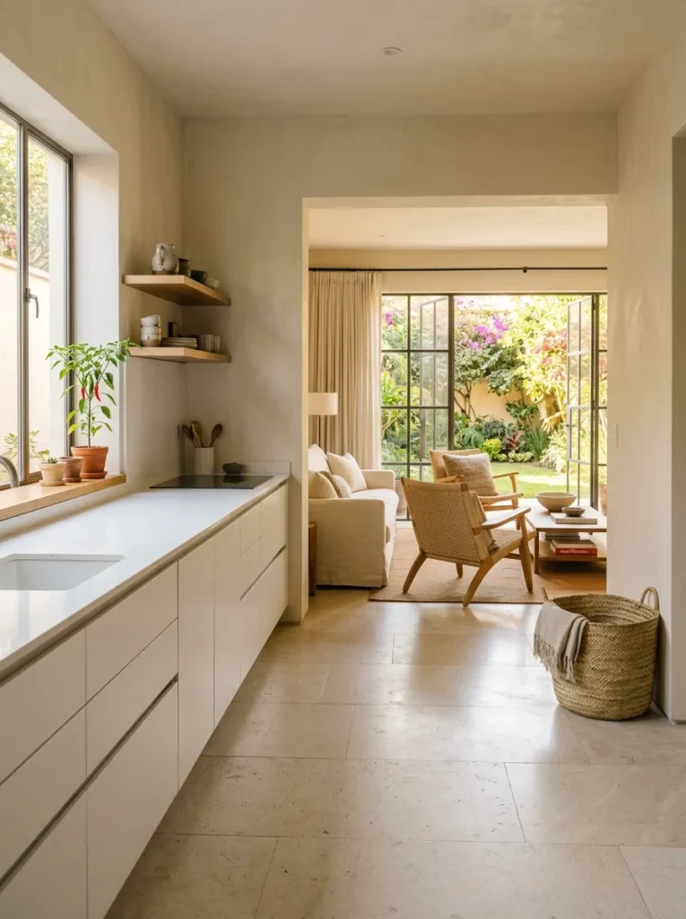 Small kitchen with continuous flooring extending into adjacent living spaces for visual flow