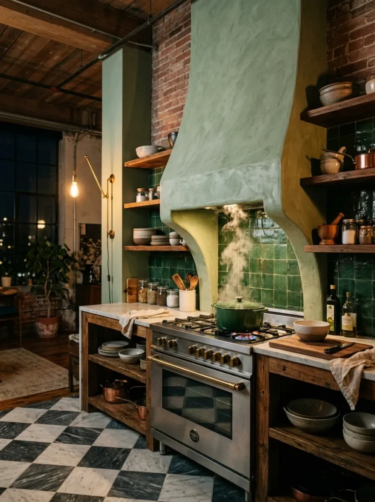 Small kitchen with custom built range hood that blends seamlessly into the cabinetry design
