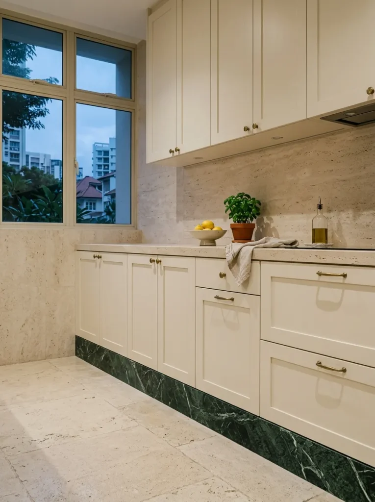 Small kitchen featuring decorative toe kick detail that adds a custom designer finish