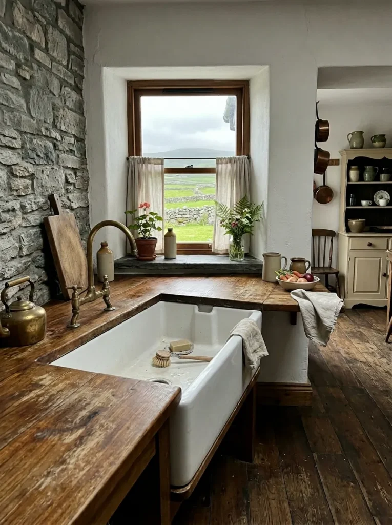 Small kitchen with fireclay farmhouse sink and aged brass faucet beneath a bright window