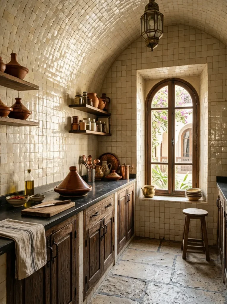 Small kitchen with floor-to-ceiling zellige tile backsplash creating texture and visual height