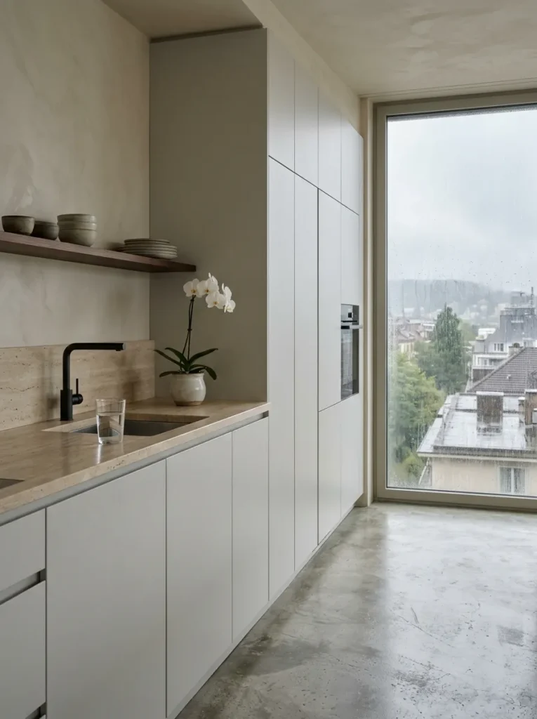 Small kitchen with panel-ready appliances hidden behind matching cabinet fronts