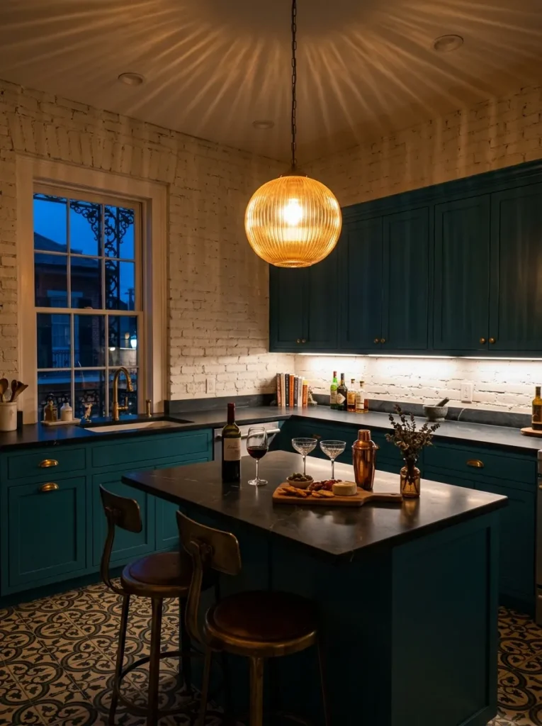Small kitchen with dimmable lighting creating warm ambiance and functional task illumination