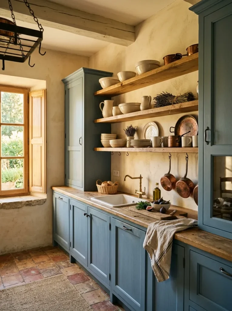 Small kitchen featuring open wood shelving with curated dishes, cookbooks, and decorative accents
