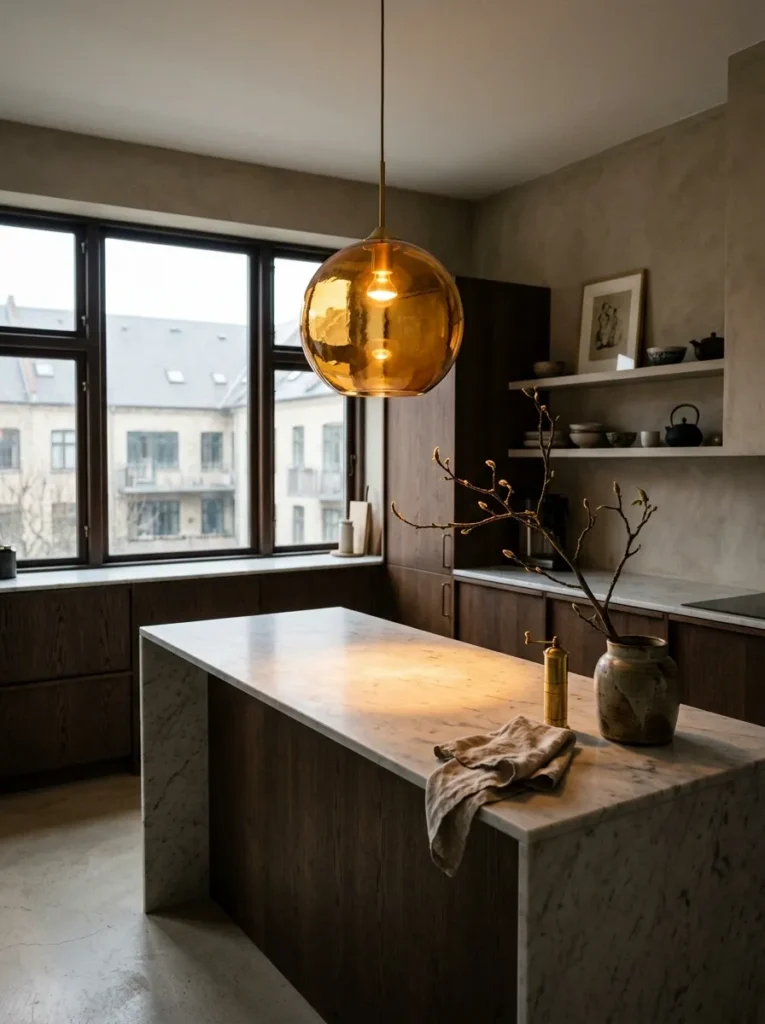 Small kitchen with oversized statement pendant lighting above an island creating warmth and visual impact