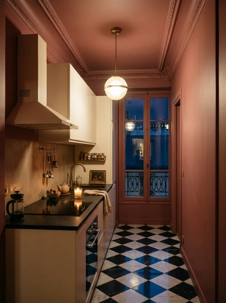 Small kitchen with walls and ceiling painted the same color creating a larger visual effect