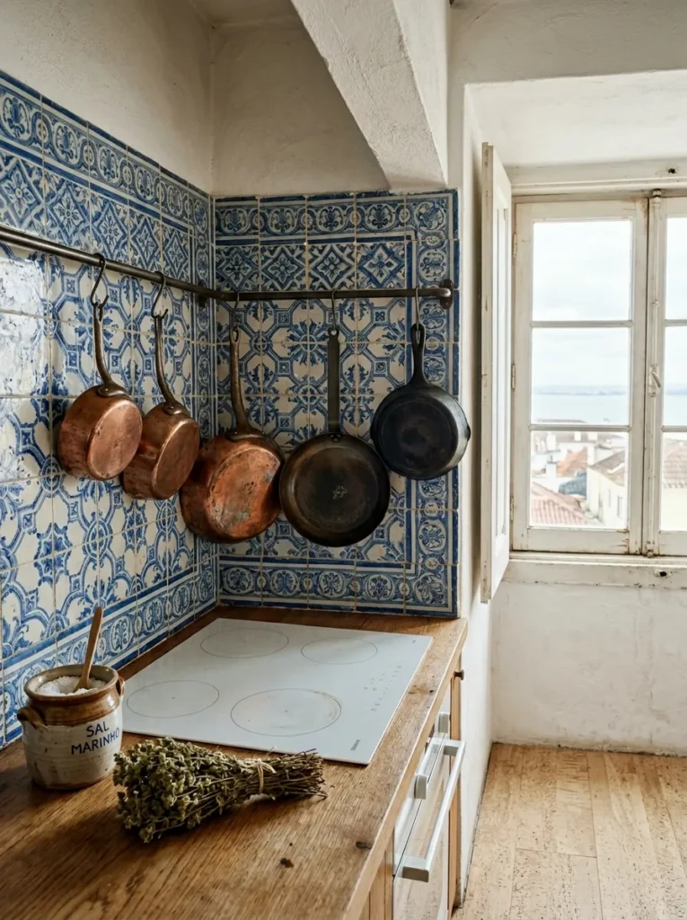 Small kitchen featuring wall-mounted pot rail with hanging cookware for efficient storage
