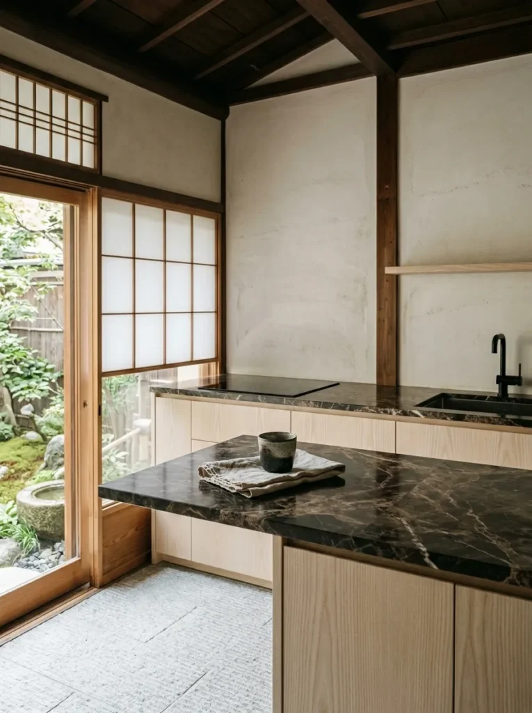 Small kitchen showcasing luxury marble countertops and premium architectural materials