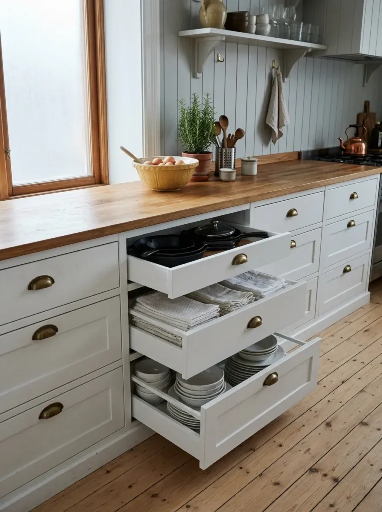 Small kitchen with deep pull-out drawers providing functional storage and easy organization