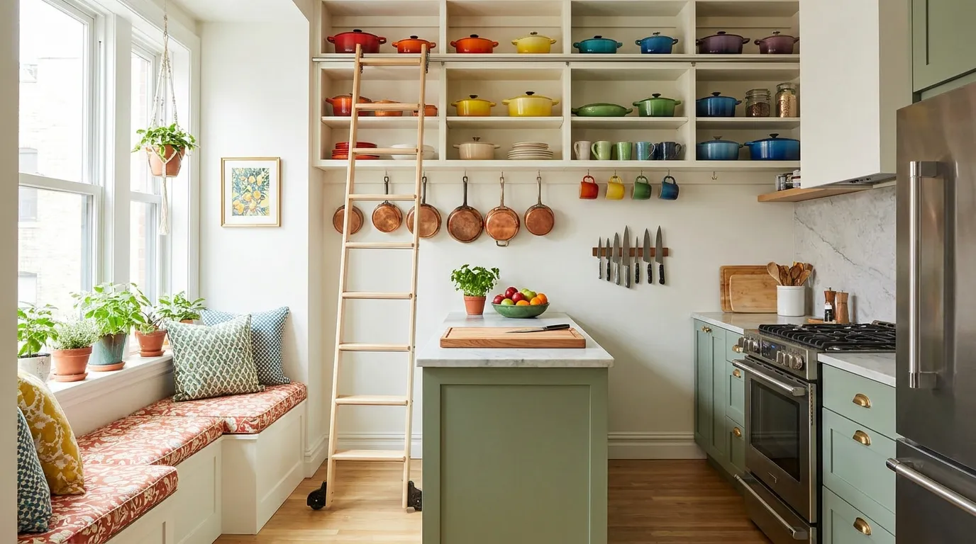 Small kitchen ideas featuring ceiling-height cabinets, custom range hood, integrated appliances, and smart space-saving design