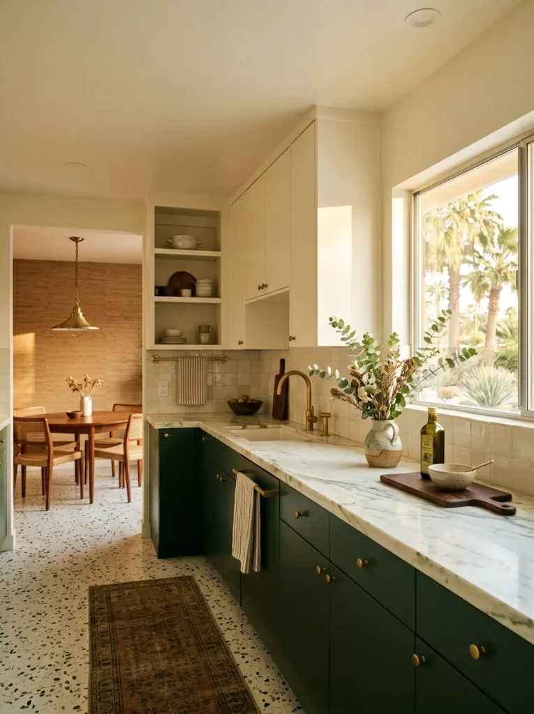 Small kitchen featuring two-tone cabinetry with light upper cabinets and darker lower cabinets