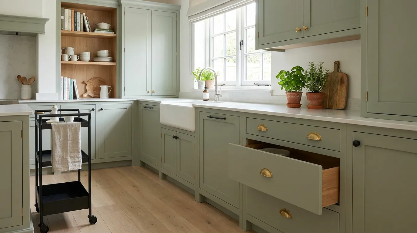 Bright farmhouse kitchen showing multiple small kitchen storage ideas including open shelving and a rolling cart