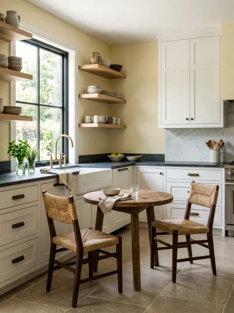 Small round dining table fitted into the corner pocket of an L-shaped kitchen
