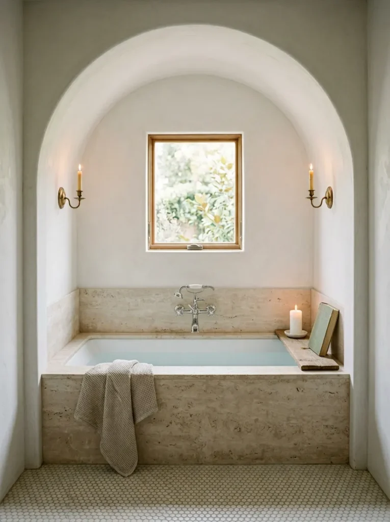 Built-in soaking bathtub inside an arched plaster alcove with candle sconces on either side and a small window above the tub