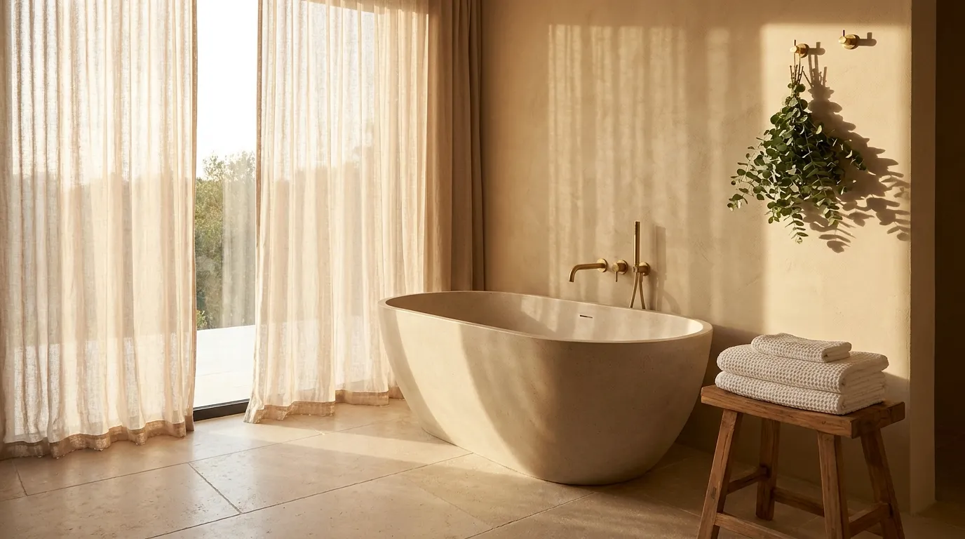 Warm spa-inspired bathroom with freestanding stone bathtub, limestone floor, plaster walls, and eucalyptus near a floor-to-ceiling window in morning light